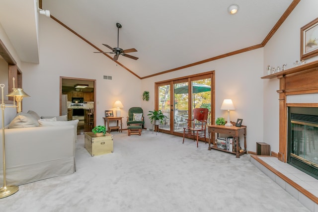 2512 Cimarron Dr, Columbia, MO 65203 - living room featuring a fireplace, carpet, crown molding, a ceiling fan, and high vaulted ceiling