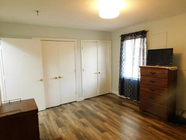 unfurnished bedroom featuring multiple closets and wood finished floors