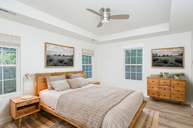 1050 Azoros Dr, Columbia, MO 65203 - bedroom featuring a tray ceiling, light wood-style flooring, and multiple windows