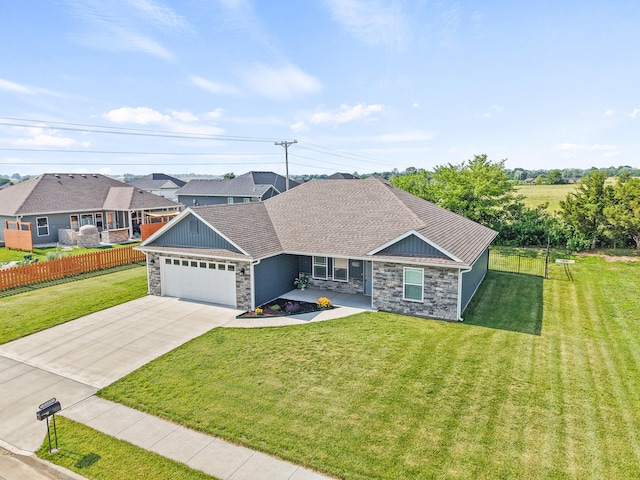 5111 Democracy Dr, Ashland, MO 65010 - view of front of home with stone siding, a garage, concrete driveway, roof with shingles, and board and batten siding