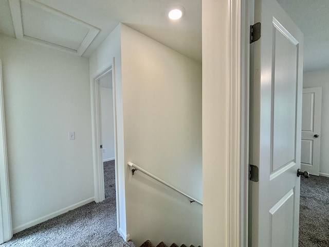 2505 Nest Ct, Columbia, MO 65202 - hall featuring carpet floors, an upstairs landing, attic access, baseboards, and recessed lighting