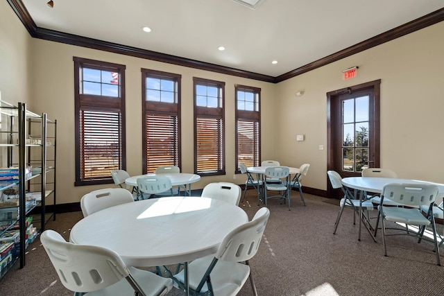 1732 Linkside Dr, Columbia, MO 65201 - dining area with crown molding, baseboards, carpet, and recessed lighting
