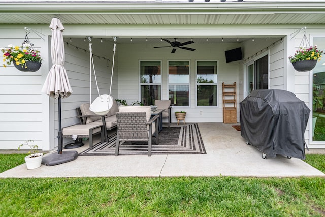 1043 Shore Acres, Columbia, MO 65201 - view of patio / terrace featuring ceiling fan, grilling area, and outdoor dining space