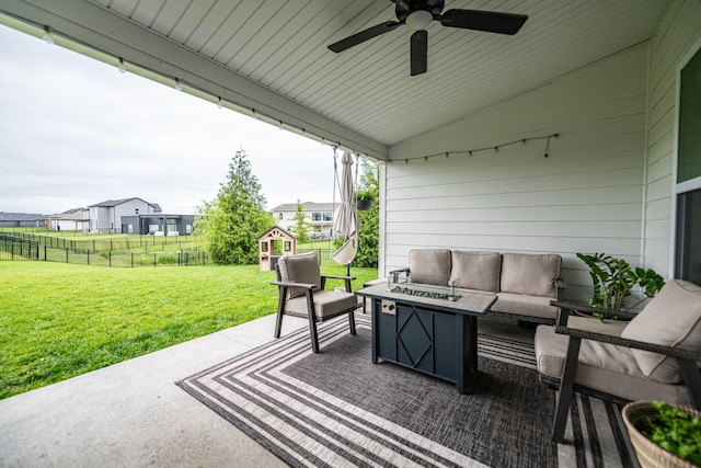 1043 Shore Acres, Columbia, MO 65201 - view of patio / terrace with an outdoor living space, a ceiling fan, and a residential view