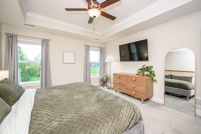 1043 Shore Acres, Columbia, MO 65201 - bedroom with carpet floors, a raised ceiling, crown molding, baseboards, and a ceiling fan