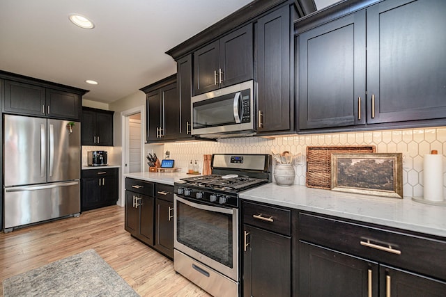 1043 Shore Acres, Columbia, MO 65201 - kitchen with appliances with stainless steel finishes, light stone countertops, light wood finished floors, backsplash, and recessed lighting