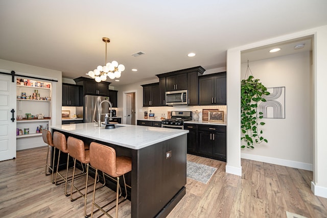 1043 Shore Acres, Columbia, MO 65201 - kitchen featuring appliances with stainless steel finishes, a breakfast bar, backsplash, light wood-type flooring, and pendant lighting