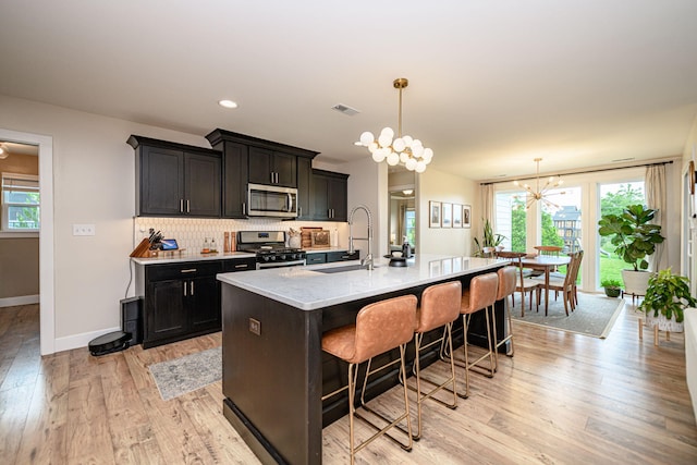 1043 Shore Acres, Columbia, MO 65201 - kitchen featuring stainless steel appliances, a sink, a chandelier, light wood-style flooring, and recessed lighting