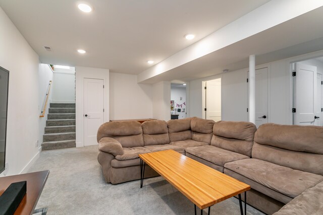 210 Hickam Aly, Ashland, MO 65010 - living room featuring light carpet, stairs, and recessed lighting