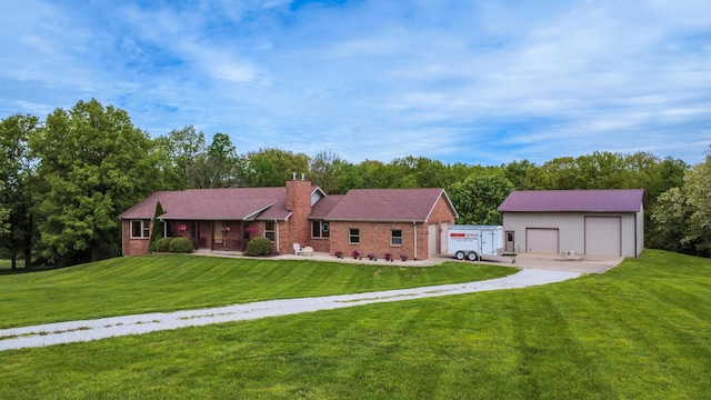 1820 N Hemlock Ridge Rd, Rocheport, MO 65279 - ranch-style house featuring a garage, a chimney, a front lawn, and brick siding