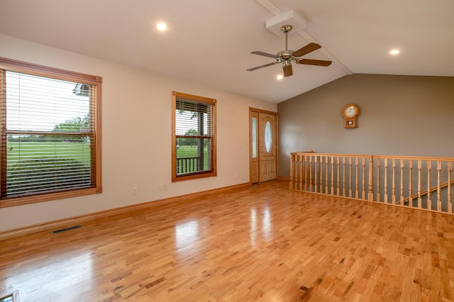 1820 N Hemlock Ridge Rd, Rocheport, MO 65279 - empty room with wood finished floors, lofted ceiling, a ceiling fan, baseboards, and recessed lighting