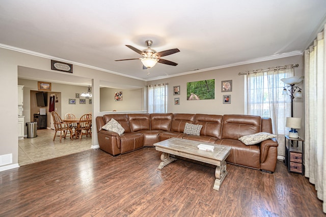 170 E Crest Ct, Columbia, MO 65202 - living area featuring crown molding, ceiling fan, wood finished floors, and baseboards