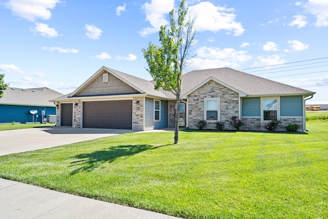 15620 Allegiance Ave, Ashland, MO 65010 - view of front of house featuring stone siding, an attached garage, a front yard, driveway, and roof with shingles