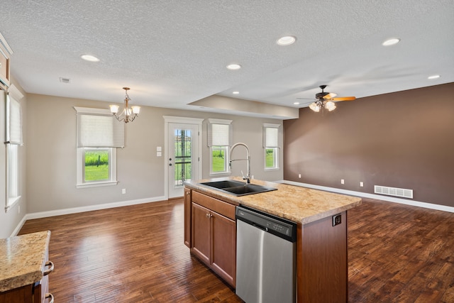 15620 Allegiance Ave, Ashland, MO 65010 - kitchen with dishwasher, a sink, open floor plan, a textured ceiling, and dark wood-style floors