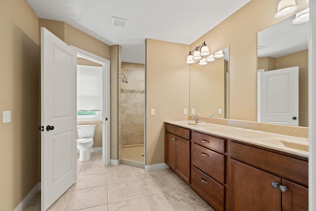 15620 Allegiance Ave, Ashland, MO 65010 - full bathroom with a stall shower, toilet, double vanity, baseboards, and marble look tile flooring