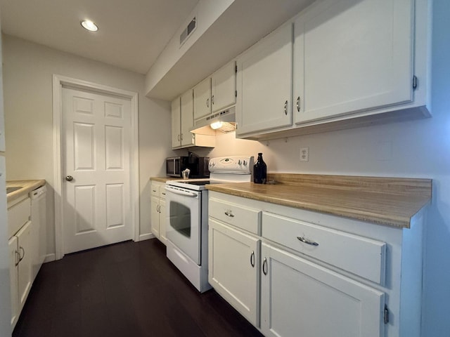 1999 N Waterfront Dr Unit H, Columbia, MO 65202 - kitchen featuring white range with electric cooktop, under cabinet range hood, white cabinetry, dark wood-type flooring, and recessed lighting