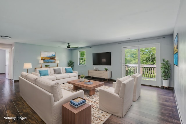 509 Columbia Dr Unit B, Columbia, MO 65201 - living room featuring ceiling fan, hardwood / wood-style flooring, and baseboards