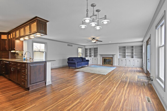 404 S Greenwood Ave, Columbia, MO 65203 - kitchen featuring a sink, ceiling fan, built in features, dark wood finished floors, and a glass covered fireplace