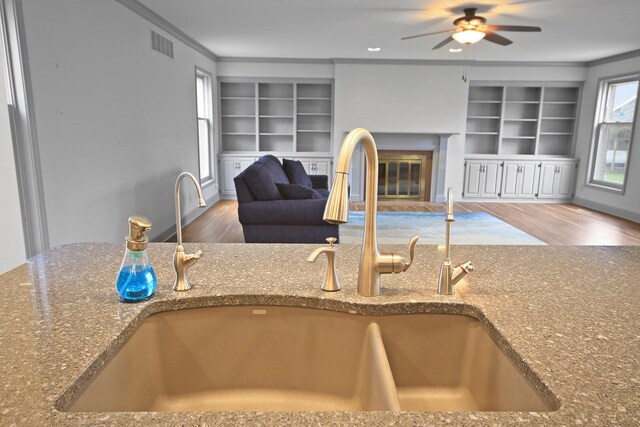 404 S Greenwood Ave, Columbia, MO 65203 - kitchen view of a sink, wood finished floors, ceiling fan, built in features, and dark stone counters