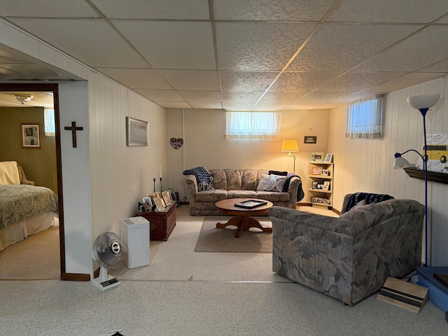 1609 Doris Dr, Columbia, MO 65202 - carpeted living area with a paneled ceiling and wooden walls