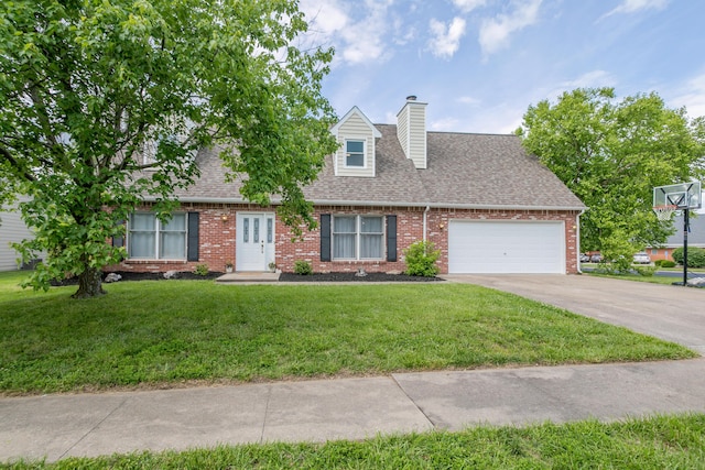 1411 Kinloch Ct, Columbia, MO 65203 - new england style home featuring brick siding, an attached garage, concrete driveway, a shingled roof, and a chimney