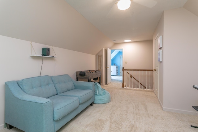 1411 Kinloch Ct, Columbia, MO 65203 - living area featuring an upstairs landing, carpet flooring, ceiling fan, baseboards, and vaulted ceiling