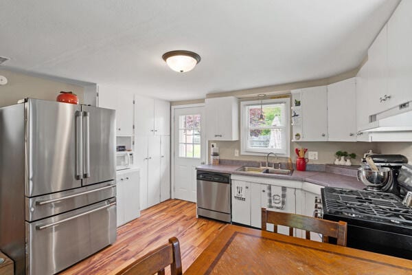 105 W Johnson Ave, Ashland, MO 65010 - kitchen featuring stainless steel appliances, a sink, white cabinetry, light wood-style flooring, and under cabinet range hood