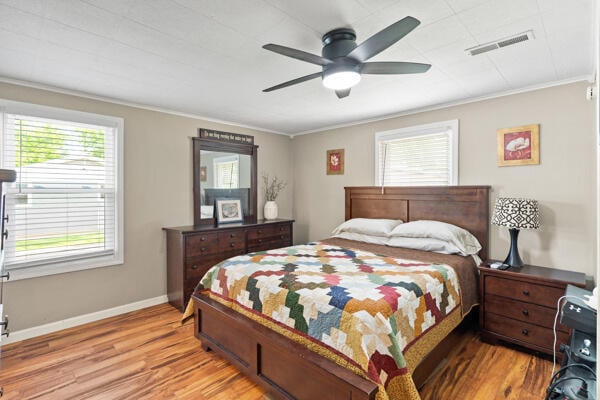 105 W Johnson Ave, Ashland, MO 65010 - bedroom with multiple windows, crown molding, light wood-style flooring, and baseboards