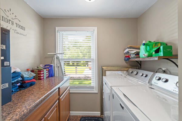 105 W Johnson Ave, Ashland, MO 65010 - washroom featuring separate washer and dryer, baseboards, and cabinet space