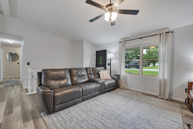 109 N Linnwood Dr, Linn, MO 65051 - living area featuring vaulted ceiling, wood finished floors, a ceiling fan, and baseboards