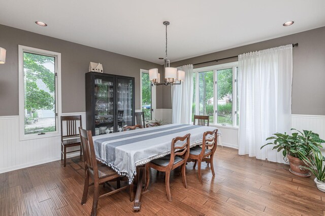 2416 Cimarron Dr, Columbia, MO 65203 - dining room featuring a wainscoted wall, a chandelier, plenty of natural light, and wood finished floors