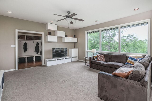 2416 Cimarron Dr, Columbia, MO 65203 - living room with ceiling fan, carpet flooring, baseboards, and recessed lighting