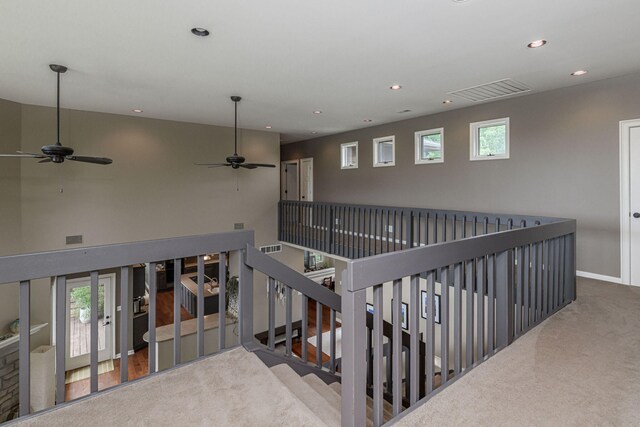2416 Cimarron Dr, Columbia, MO 65203 - hallway featuring an upstairs landing, carpet flooring, recessed lighting, and baseboards