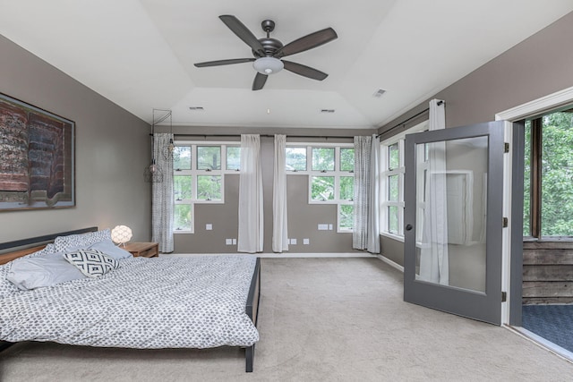 2416 Cimarron Dr, Columbia, MO 65203 - bedroom with carpet flooring, vaulted ceiling, baseboards, and ceiling fan