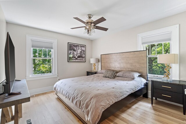 303 S Glenwood Ave, Columbia, MO 65203 - bedroom with multiple windows, light wood-type flooring, and a ceiling fan