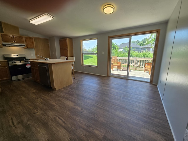 5181 N Jasmine Way, Columbia, MO 65202 - kitchen with stainless steel gas range oven, dishwasher, dark wood-style flooring, light countertops, and lofted ceiling