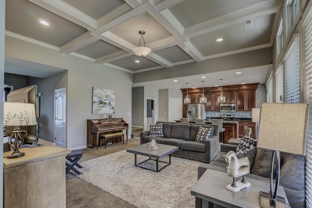1904 Talco Dr, Columbia, MO 65201 - living area featuring beam ceiling, coffered ceiling, baseboards, carpet flooring, and recessed lighting