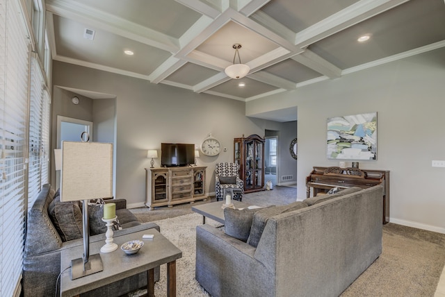 1904 Talco Dr, Columbia, MO 65201 - carpeted living area with beamed ceiling, coffered ceiling, baseboards, ornamental molding, and recessed lighting