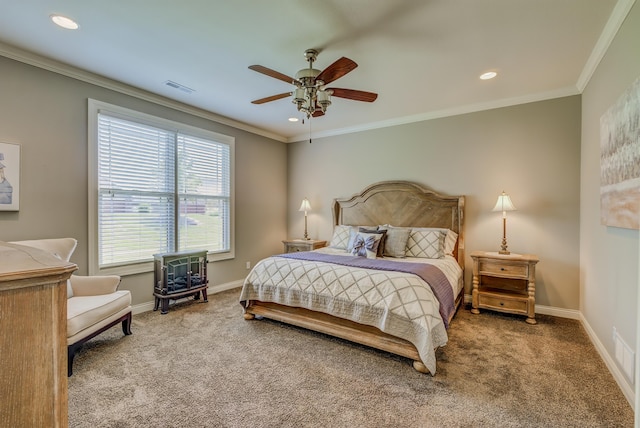 1904 Talco Dr, Columbia, MO 65201 - bedroom with carpet flooring, recessed lighting, ornamental molding, baseboards, and ceiling fan