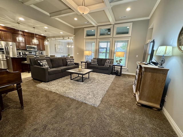 1904 Talco Dr, Columbia, MO 65201 - living room featuring dark colored carpet, coffered ceiling, beamed ceiling, recessed lighting, and crown molding