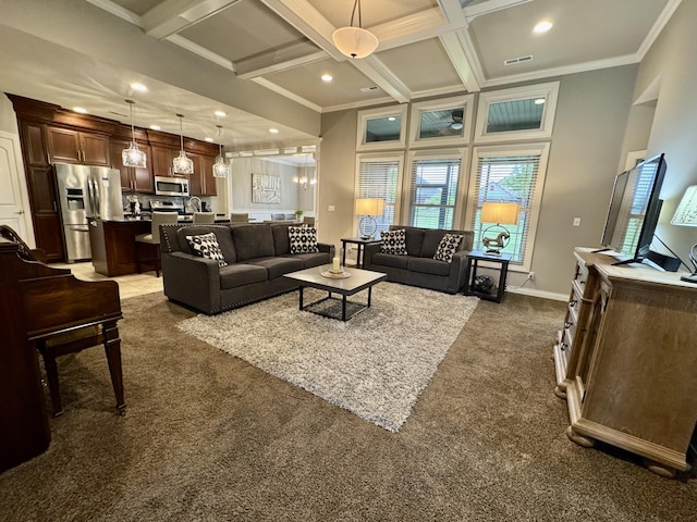 1904 Talco Dr, Columbia, MO 65201 - living area featuring dark carpet, coffered ceiling, beam ceiling, recessed lighting, and ornamental molding