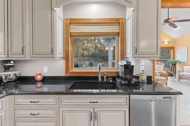 70 E High Point Ln, Columbia, MO 65203 - kitchen featuring stainless steel dishwasher, a sink, plenty of natural light, vaulted ceiling, and arched walkways