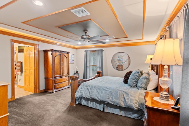 70 E High Point Ln, Columbia, MO 65203 - carpeted bedroom featuring crown molding, a raised ceiling, recessed lighting, baseboards, and a ceiling fan