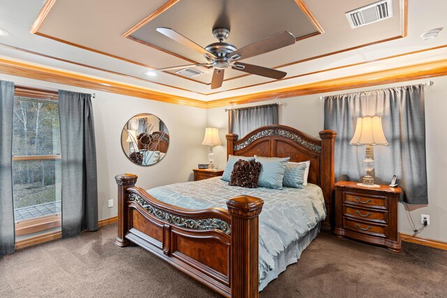 70 E High Point Ln, Columbia, MO 65203 - carpeted bedroom with a raised ceiling, ornamental molding, baseboards, recessed lighting, and ceiling fan