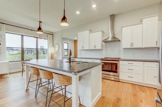 214 Hellwig Ln, Columbia, MO 65203 - kitchen featuring stainless steel range with electric cooktop, wall chimney exhaust hood, a sink, light wood-style flooring, and decorative backsplash