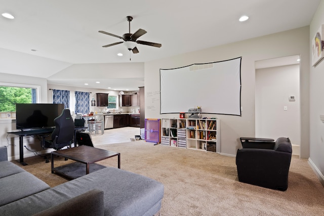 7400 Pemberton Dr, Columbia, MO 65203 - living room featuring ceiling fan, recessed lighting, light colored carpet, and lofted ceiling