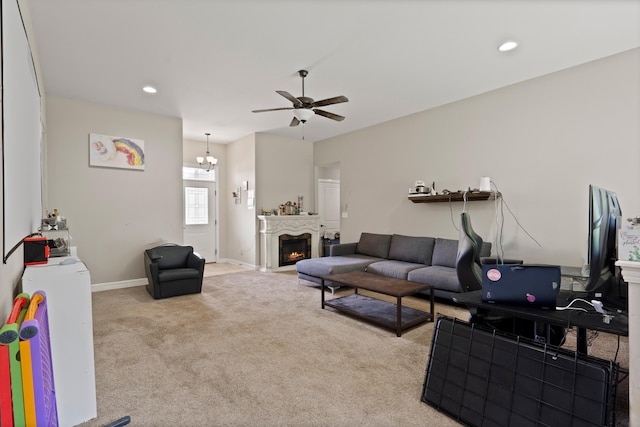 7400 Pemberton Dr, Columbia, MO 65203 - living room with carpet, ceiling fan, a lit fireplace, baseboards, and recessed lighting
