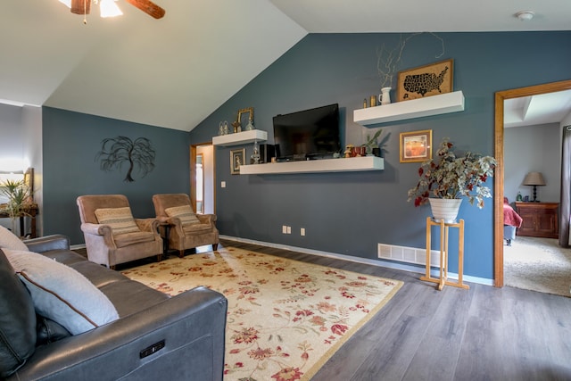 205 Jameson Dr, Ashland, MO 65010 - living room with vaulted ceiling, wood finished floors, a ceiling fan, and baseboards