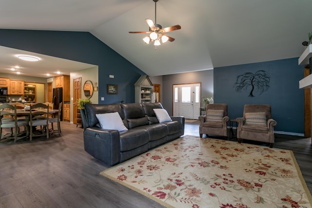 205 Jameson Dr, Ashland, MO 65010 - living area with wood finished floors, ceiling fan, high vaulted ceiling, and a fireplace