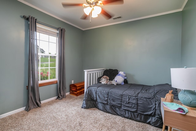 205 Jameson Dr, Ashland, MO 65010 - bedroom featuring carpet floors, crown molding, baseboards, and a ceiling fan